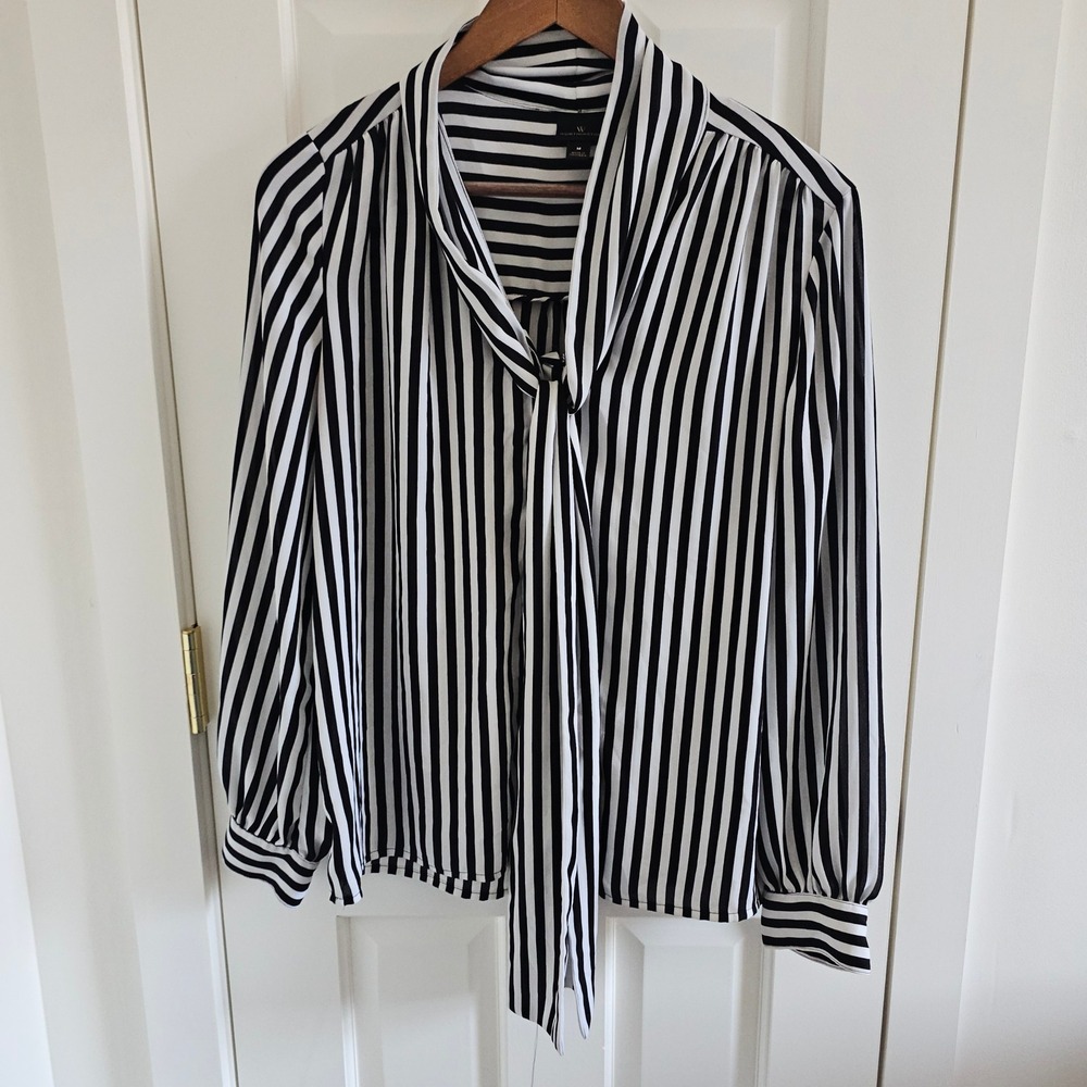 Worthington Academia Black White Striped Tie Neck Blouse Long Sleeve Top Size M